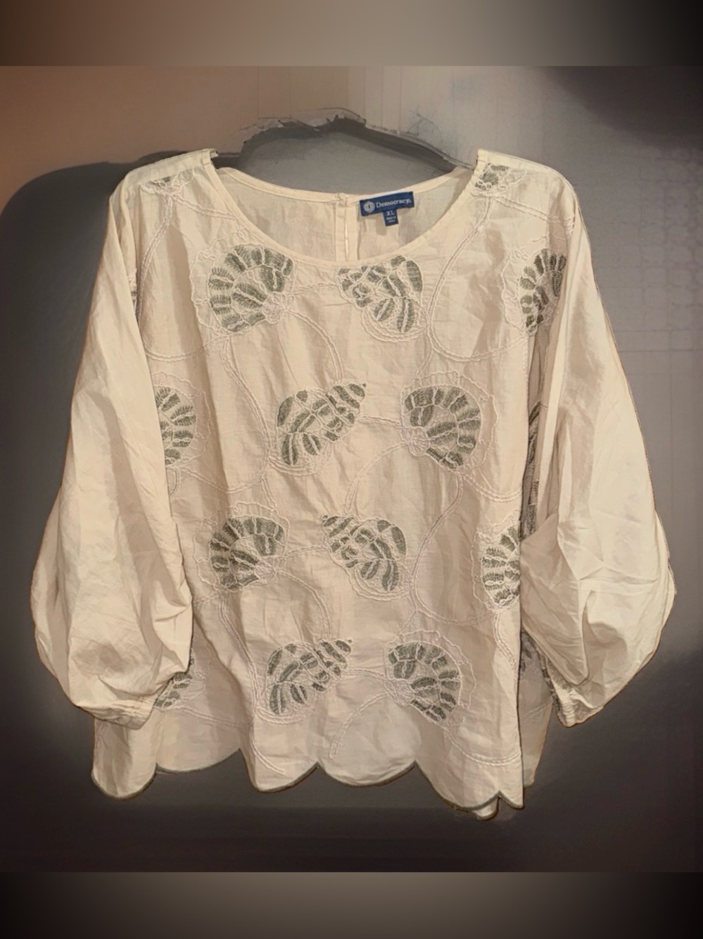 NWT Democracy Cream Blouse with Sage Green Embroidery-XL